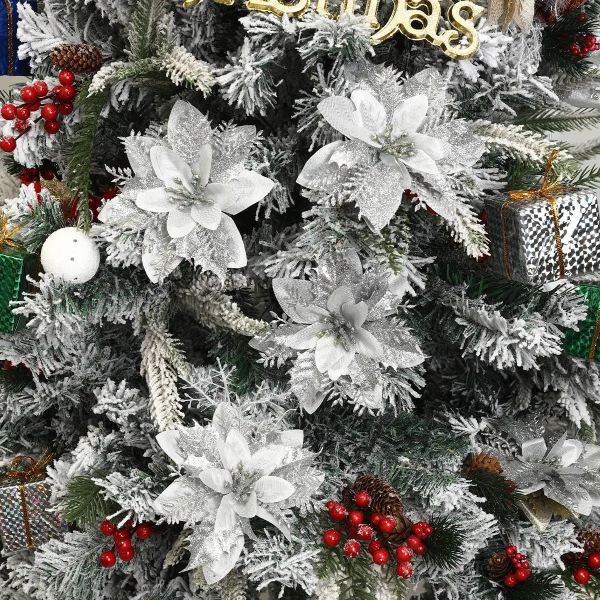 Weihnachts-Glitzerblumen, künstliche Blumen, Weihnachtsbaumschmuck für Zuhause, 2025, Baum-Anhänger, Ornamente, Navidad, Neujahr 2026, Geschenk