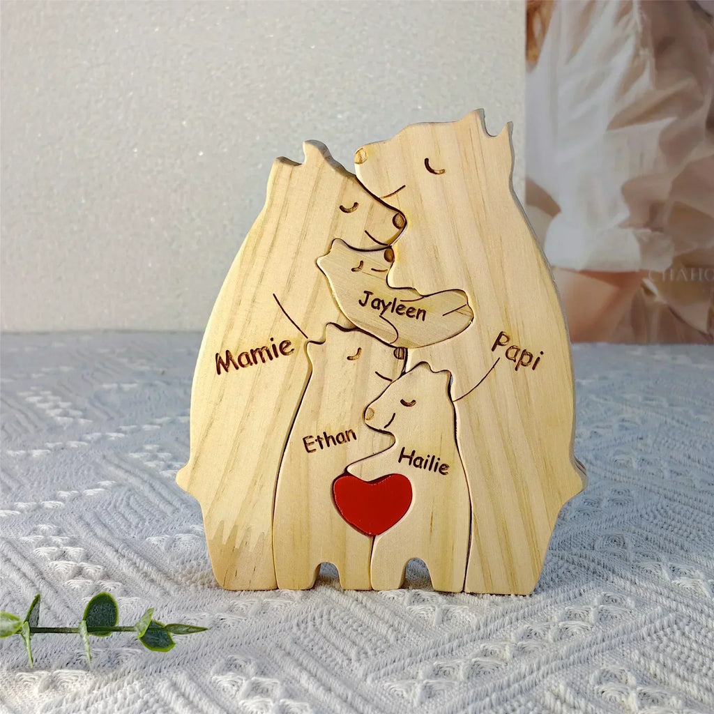 Kunst-Holzbär-Familienpuzzle, personalisierter Name, individuelle Heimdekoration, Thanksgiving, Weihnachten, Herzwärmungsgeschenk für Babymutter