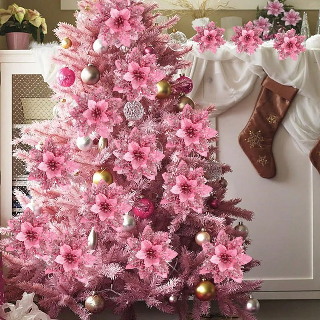 5/10 Stück rosa Weihnachtsglitter künstliche Blumen Weihnachtsbaumschmuck für Zuhause 2025, Weihnachtsschmuck, Neujahrsdekoration, Navidad