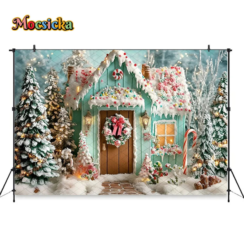 Mocsicka Weihnachten Lebkuchenhaus Fotografie Hintergrund verschneite Weihnachtsbaum Zuckerstangen Hintergrund Winter Urlaub Party Photozone