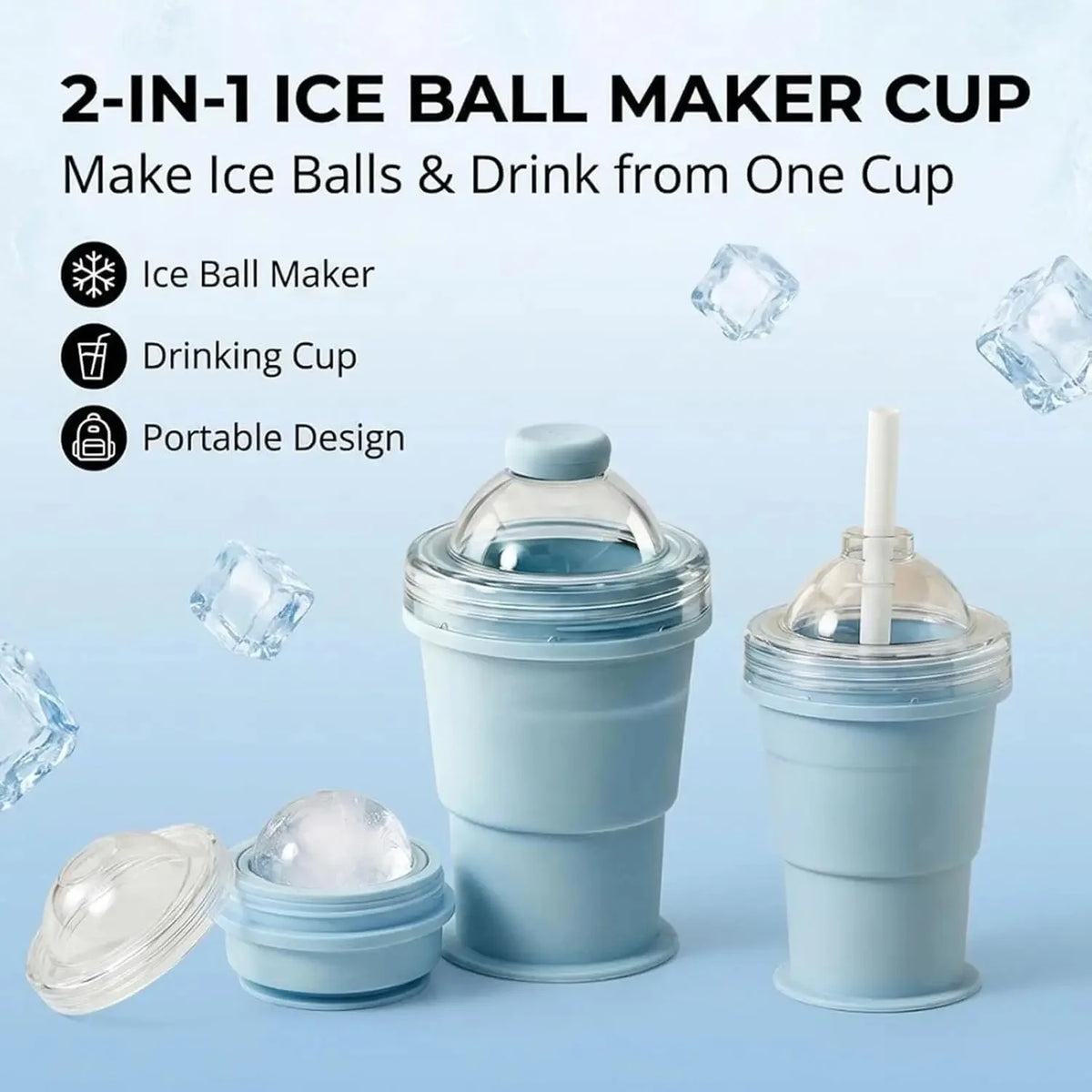 2-in-1 Faltbarer Silikon-Eiskugelbecher mit Strohhalm - Auslaufsicher, Lebensmittelecht, FCM | Kaffee, Saft & Smoothies | 1 & 5 Stueck