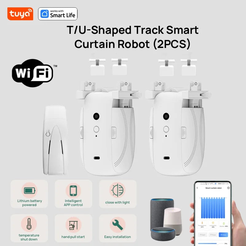 Tuya Smart WiFi Vorhangroboter (mit Gateway), APP-Fernbedienung, Sprachsteuerung, inklusive Zubehör für T/U-Vorhangschienen