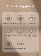 1 ~ 2 großer, quadratischer, drehbarer LED-Schminkspiegel – quadratischer Kosmetikspiegel mit verstellbarer Beleuchtung für Mädchenschlafsaal und den Heimgebrauch