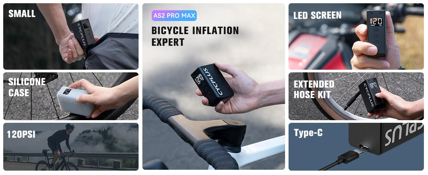 CYCPLUS Mini-Luftpumpe AS2 100 PSI AS2PRO 120 PSI Max elektrischer tragbarer Fahrrad-Inflator-Druckmesser Typ-C-Fahrradreifenkompressor