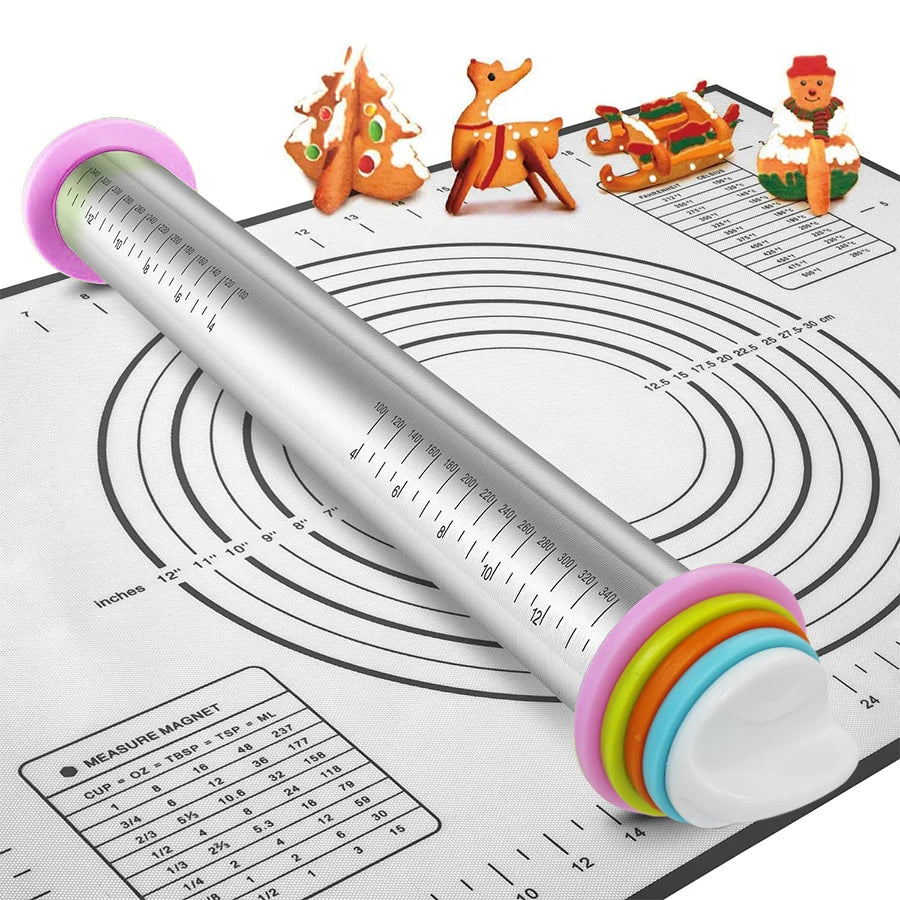 Verstellbarer Nudelholz aus Edelstahl mit 4 dicken abnehmbaren Ringen. Vielseitige Teigroller zum Backen von Pizza-Backgeschirr-Werkzeugen