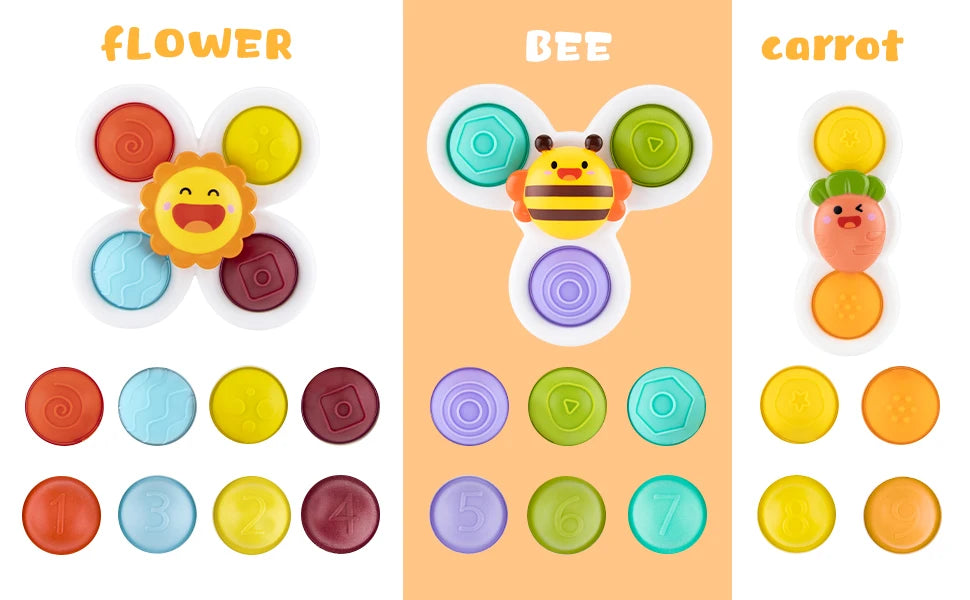 3Pcs Cartoon Insekt Zappeln Saugnapf Spinner Spielzeug Set Pädagogisches Rotierenden Rassel Baby Bad Spielzeug für Kinder