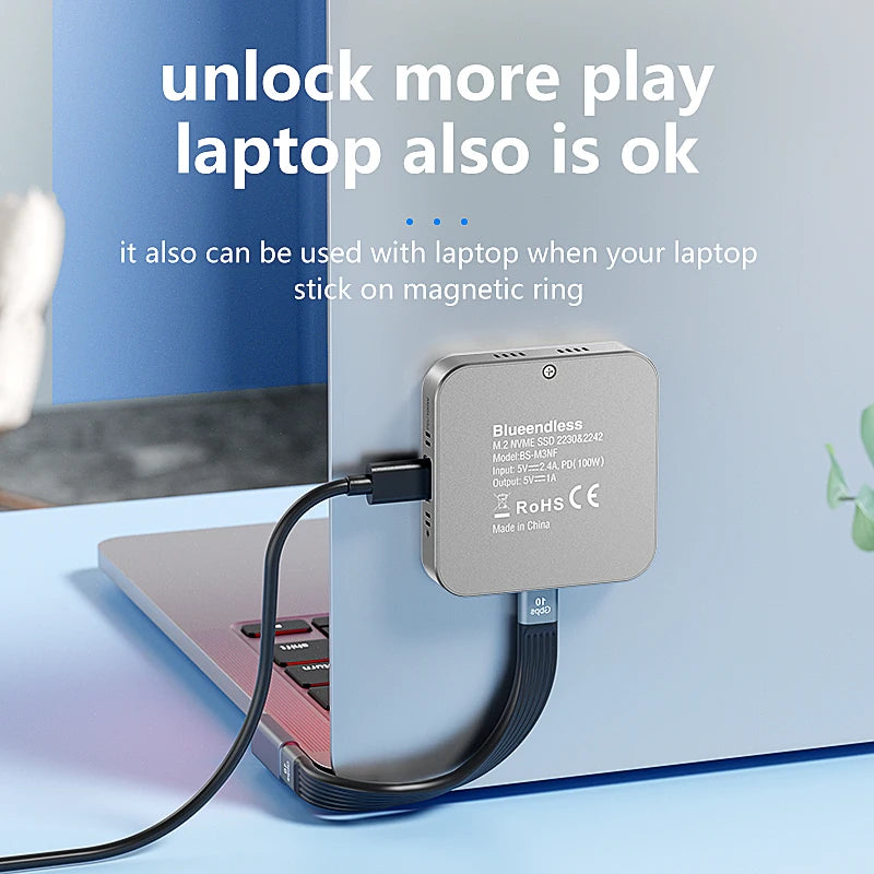 Blueendless Magnetisches M2 2230 2242 NVMe SSD-Gehäuse mit Lüfter 100 W PD-Aufladung Typ C NVMe PCIE SSD-Gehäuse für iPhone Mac