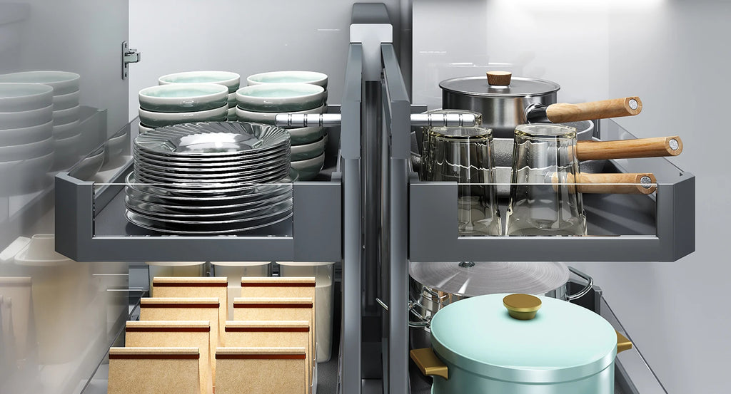 Eckkorb, Küchenschrank, komplett ausziehbar, Aufbewahrungsregal mit zwei Schubladen, Eckkorb