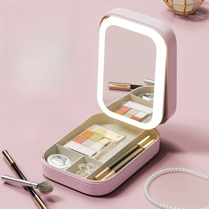 Tragbare Handgepäckbox für den Schreibtisch, Organisation von Hautpflegeprodukten, Lichtspiegel, integrierter Make-up-Organizer, Kosmetikaufbewahrung, Badezimmer