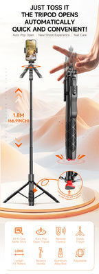 LISCN L16TT Selfie Stick Stativ – 1,8m ausfahrbar, Bluetooth, 360° drehbar | Faltbares Stativ