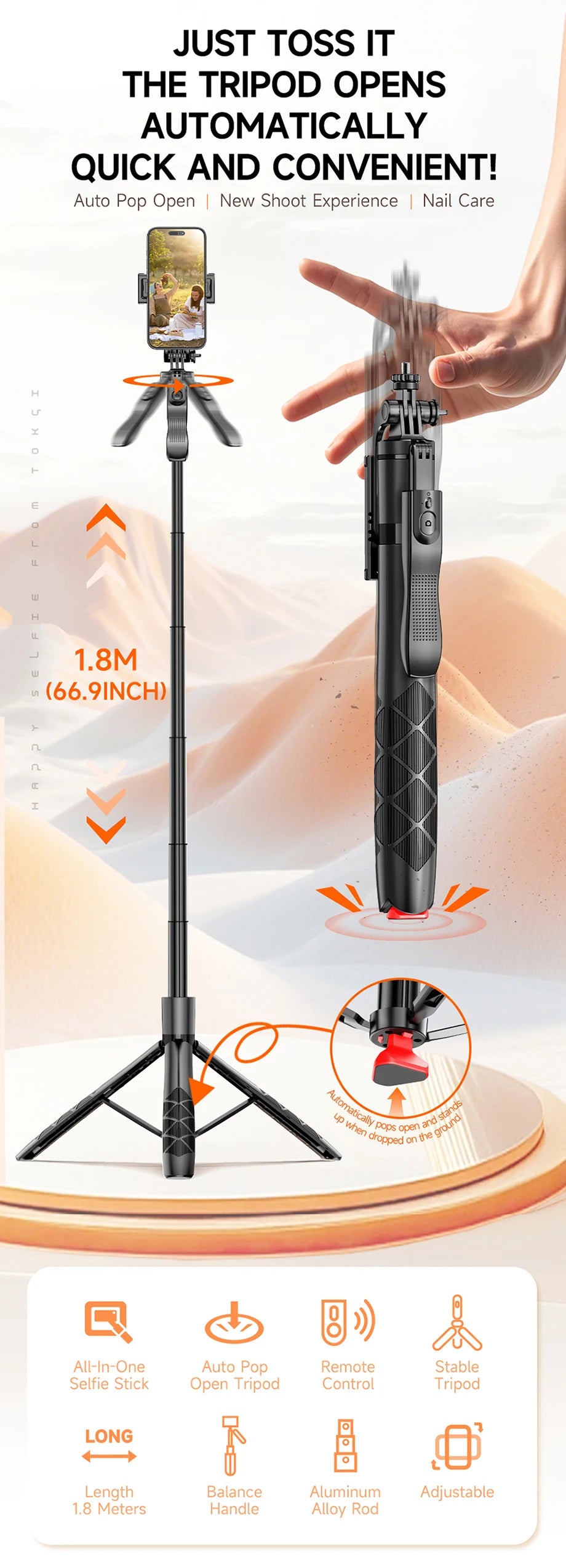 LISCN L16TT Selfie Stick Stativ – 1,8m ausfahrbar, Bluetooth, 360° drehbar | Faltbares Stativ