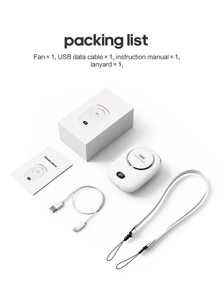 Mini ventilateur de cou portable à suspendre, sans pales, rechargeable par USB, idéal pour les sports de plein air et les voyages.