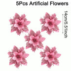 5/10 Stück rosa Weihnachtsglitter künstliche Blumen Weihnachtsbaumschmuck für Zuhause 2025, Weihnachtsschmuck, Neujahrsdekoration, Navidad
