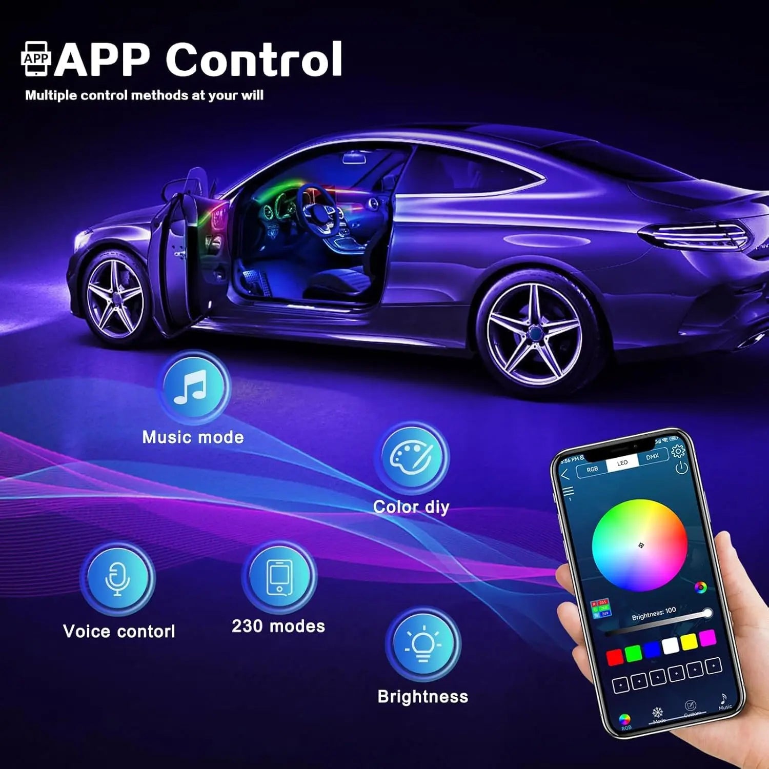 VASTFIRE Starlight Auto-Ambientebeleuchtung – Glasfaser-Fußmatten, RGB-Lichtleiste & Faserlampen | App & Fernbedienung | CE & RoHS