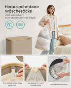 SONGMICS Wäschekorb mit Deckel,Wäschesammler mit 3 Fächern,150 L,herausnehmbarer Wäschesack,Griffe aus Bambus,zusammenklappbar
