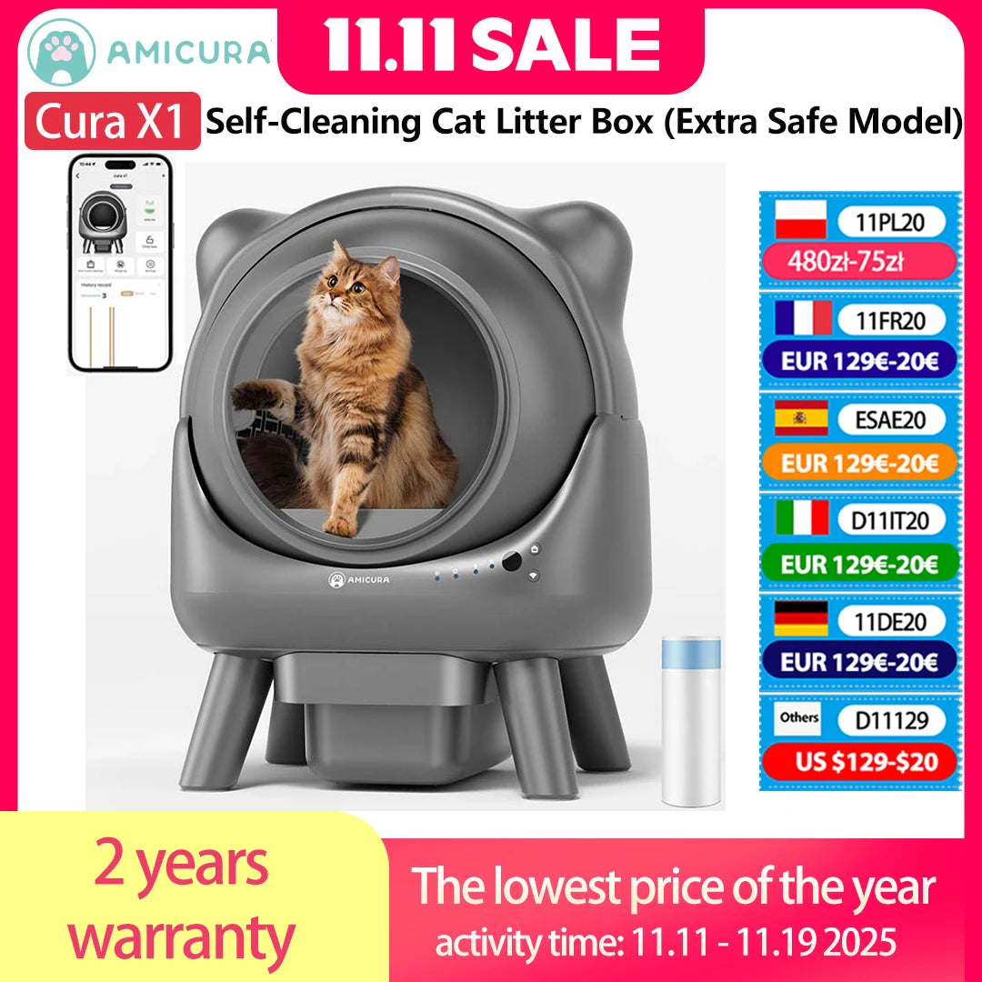 Amicura Cura X1 Automatische Katzentoilette, selbstreinigend, mit App-Steuerung, Sicherheitssensor, leicht zu reinigendes elektrisches Katzentoilett