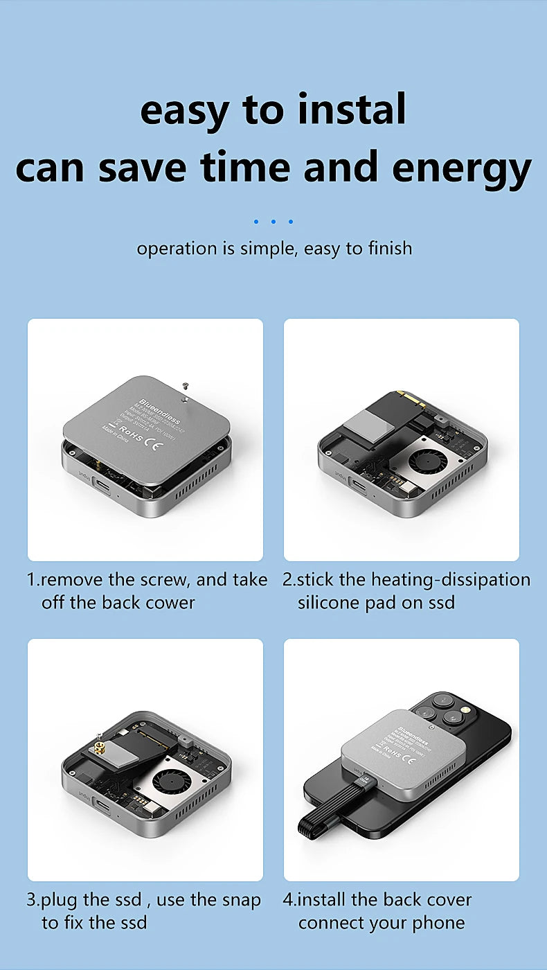 Blueendless Magnetisches M2 2230 2242 NVMe SSD-Gehäuse mit Lüfter 100 W PD-Aufladung Typ C NVMe PCIE SSD-Gehäuse für iPhone Mac