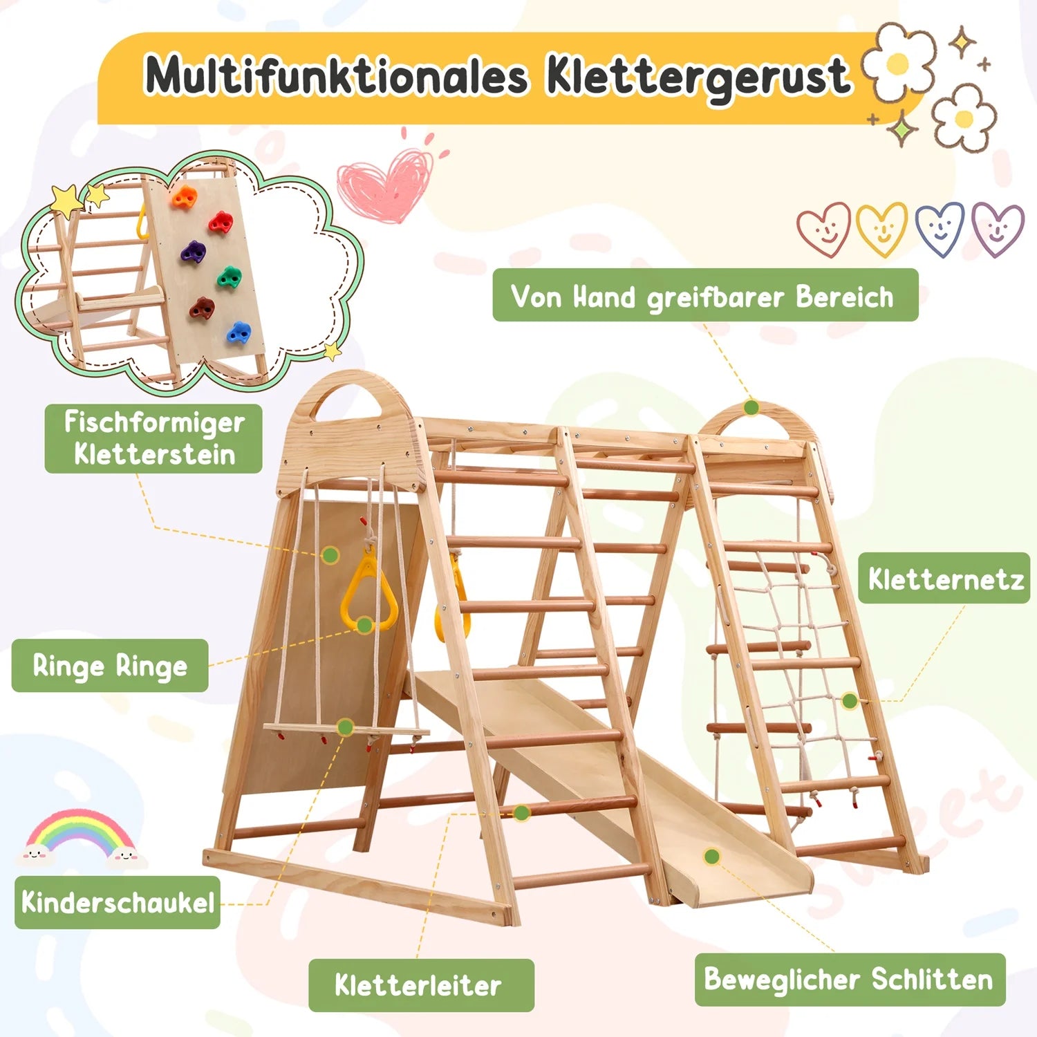 7-in-1 Multifunktionales Klettergerüst aus Holz mit Rutsche und Schaukel, Kletterleiter/Netz/Steinen, Indoor-Spielplatzspielzeug für Kinder ab 3 Jahren