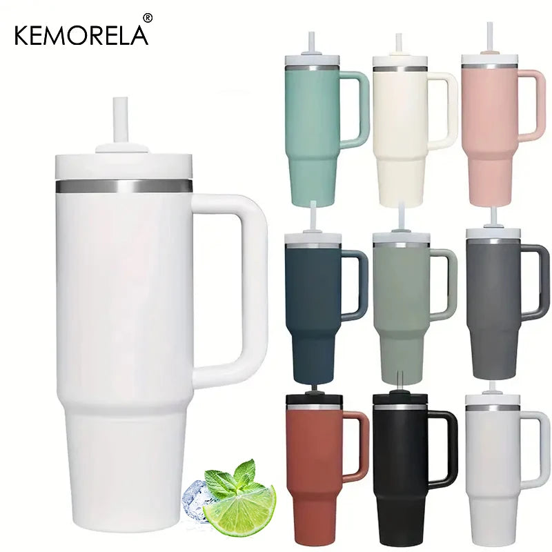 KEMORELA 30 & 40 oz Becher mit Griffdeckel Stroh 887/1182 ml Edelstahl Wasserflasche Vakuum Thermoskanne Tasse Reise Auto Kaffeetasse