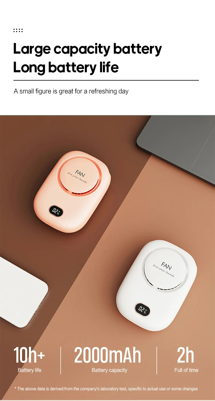 Mini ventilateur de cou portable à suspendre, sans pales, rechargeable par USB, idéal pour les sports de plein air et les voyages.