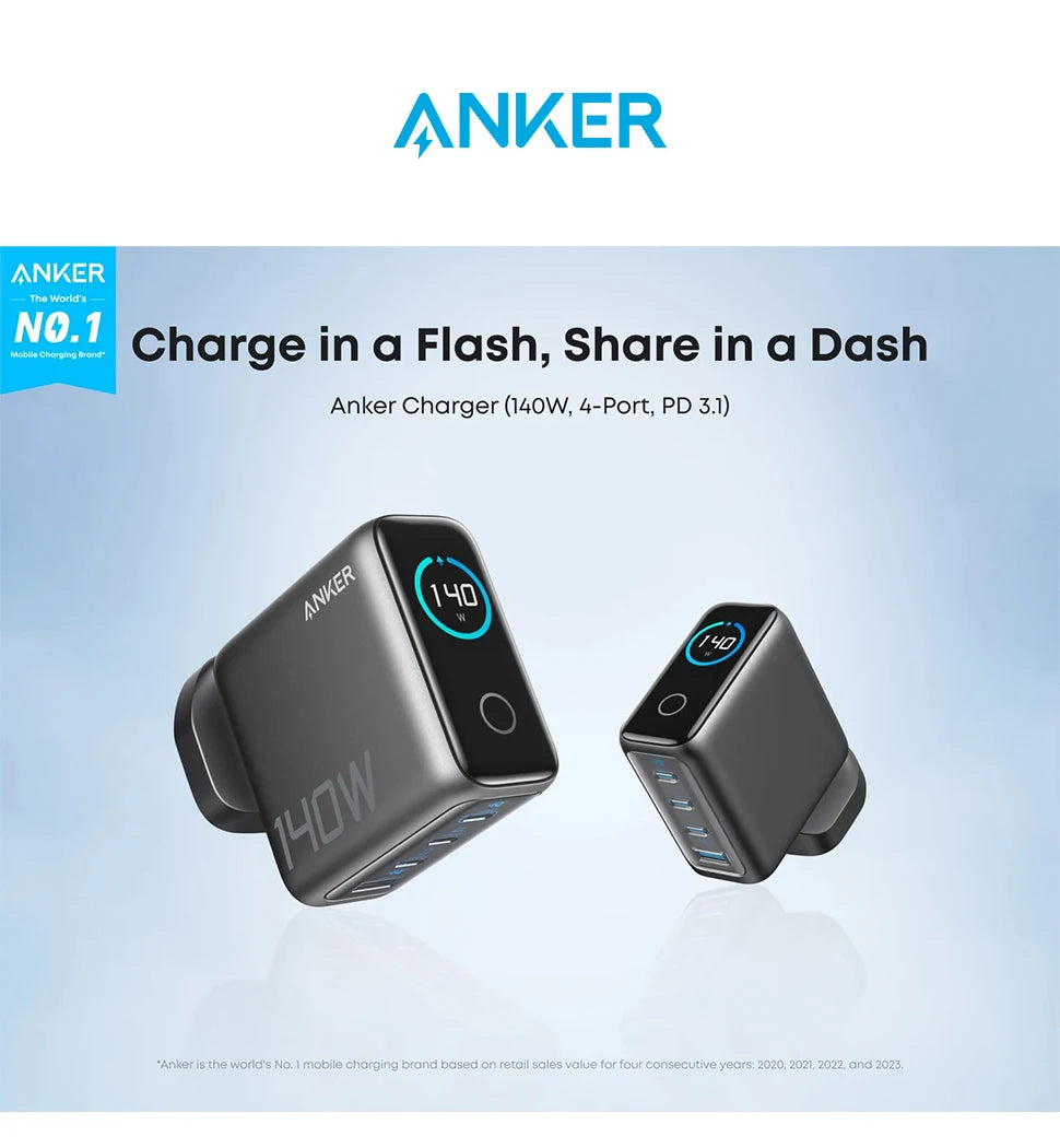 (EU Stock) Anker 140W USB-C Ladegerät, Laptop Ladegerät, 4-Port Multi-Geräte Schnellladeleistung, Fortschrittliches GaN Netzteil