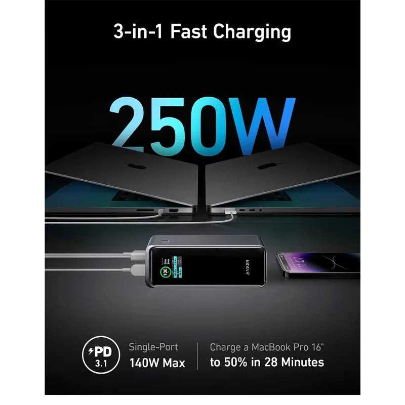 Anker Prime Power Bank, 27,650 mAh 3-Port 250 W tragbares Ladegerät für Reisen, TSA-zugelassen, Smart App, für MacBook Pro/Air