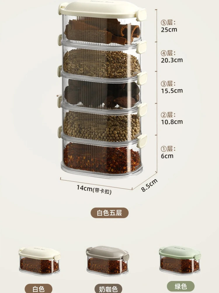 Mehrschichtige Gewürz-Aufbewahrungsbox, tragbar, kleine All-In-One-Zange, Küche, transparente Gewürze, Bohnen, Nüsse, Körner, Vorratsgläser