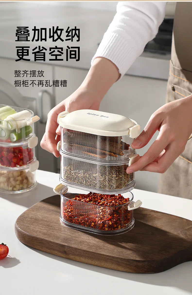 Mehrschichtige Gewürz-Aufbewahrungsbox, tragbar, kleine All-In-One-Zange, Küche, transparente Gewürze, Bohnen, Nüsse, Körner, Vorratsgläser