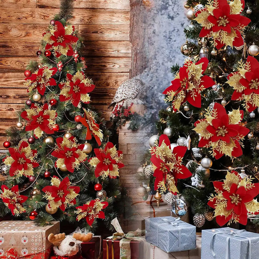 Weihnachts-Glitzerblumen, künstliche Blumen, Weihnachtsbaumschmuck für Zuhause, 2025, Baum-Anhänger, Ornamente, Navidad, Neujahr 2026, Geschenk