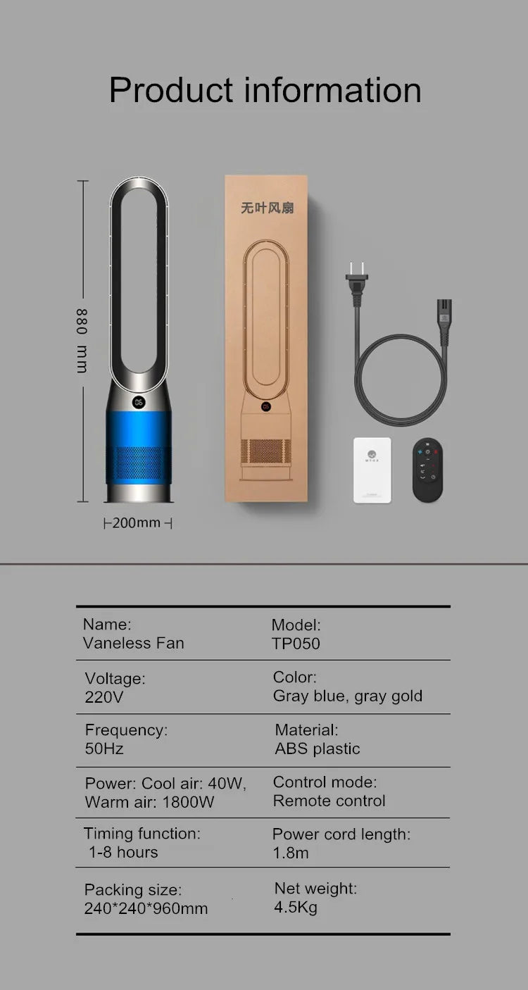 42-Zoll-220-V-Lüfter ohne Flügel, Dual-Purpose-Kühlung und Heizung, leise Heizung für zu Hause, schnelle Luftzirkulation und Reinigungsturm