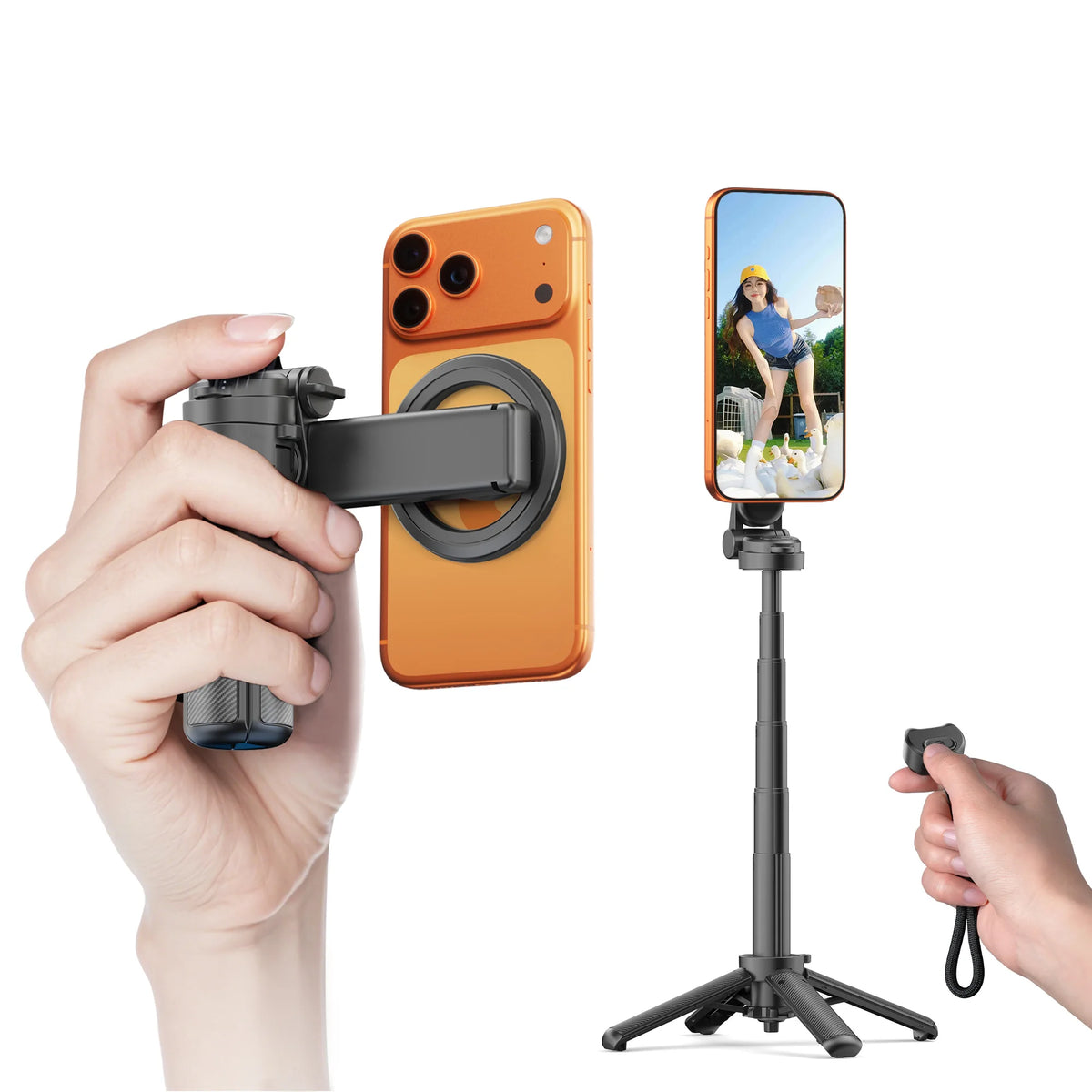 CrownQu T20-C Magnetischer Selfie-Stick & Stativ - MagSafe, 360 Grad, Bluetooth 20m | iPhone & Android | Schwarz