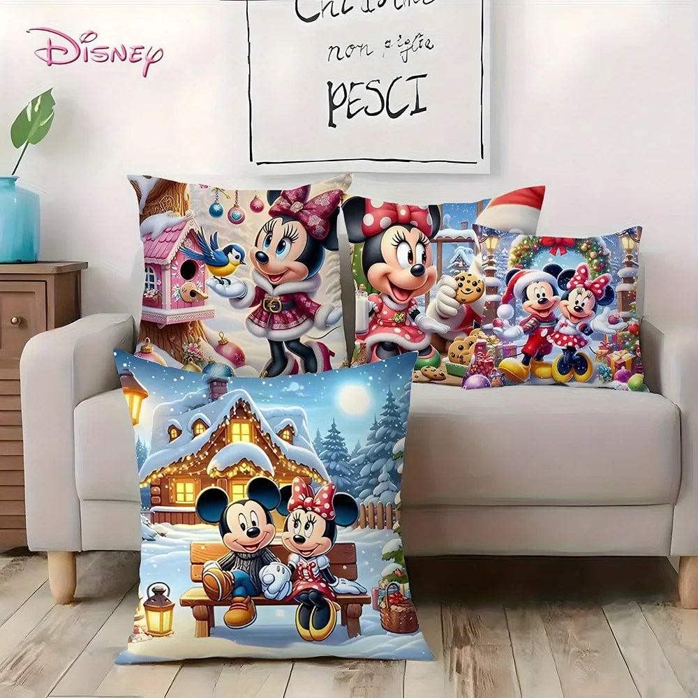 Dreiteiliger Weihnachtskissenbezug von Disney Mickey Minnie, bemalt mit glücklichen Szenen wie Schneehütte, Mickey Minnie und Weihnachtsmann