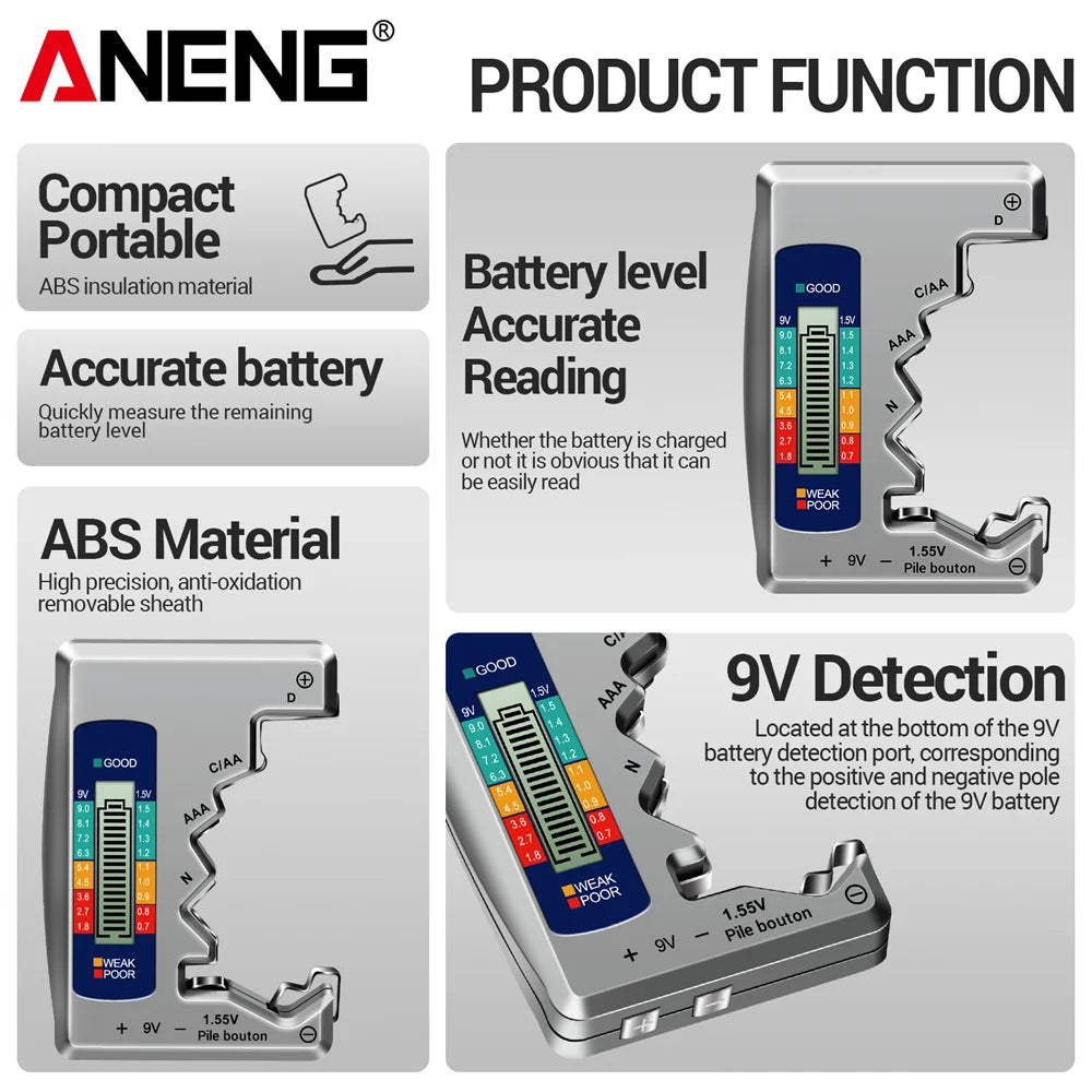 ANENG BT1688 Digitaler Batterietester – LCD, AA/AAA/C/D/9V/Knopfzelle, 3-Farben-Anzeige | CE | Schwarz, Silber & Grau