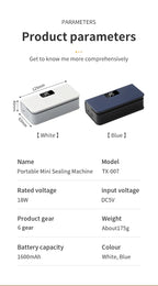 Mini-Wärmebeutel-Versiegelungsmaschine, Versiegelungsmaschine für Plastiktüten, wiederaufladbar, für Lebensmittelverpackungen, Heißsiegelgerät, tragbares Thermo-Beutelversiegelungsgerät