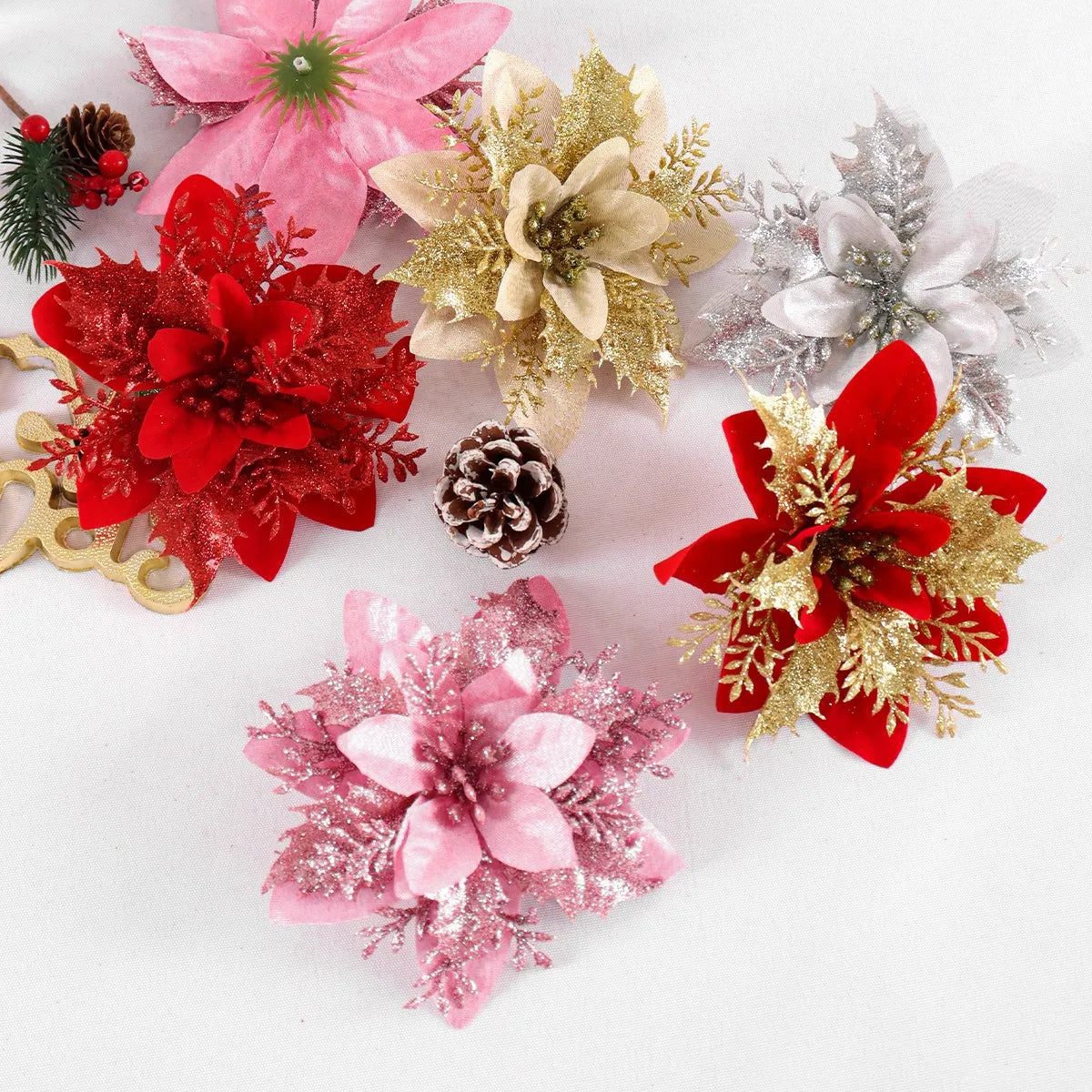 5/10 Stück rosa Weihnachtsglitter künstliche Blumen Weihnachtsbaumschmuck für Zuhause 2025, Weihnachtsschmuck, Neujahrsdekoration, Navidad