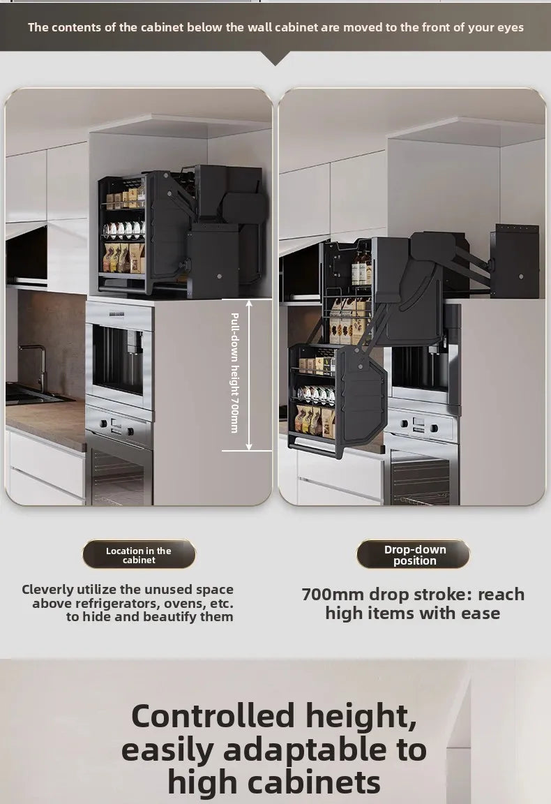 Hängeschrank, Hebekorb, Küchenschrank, Hochschrank, Kühlschrank, Ofen, Snacks Gewürzkorb, Vertiefung Lagerregal