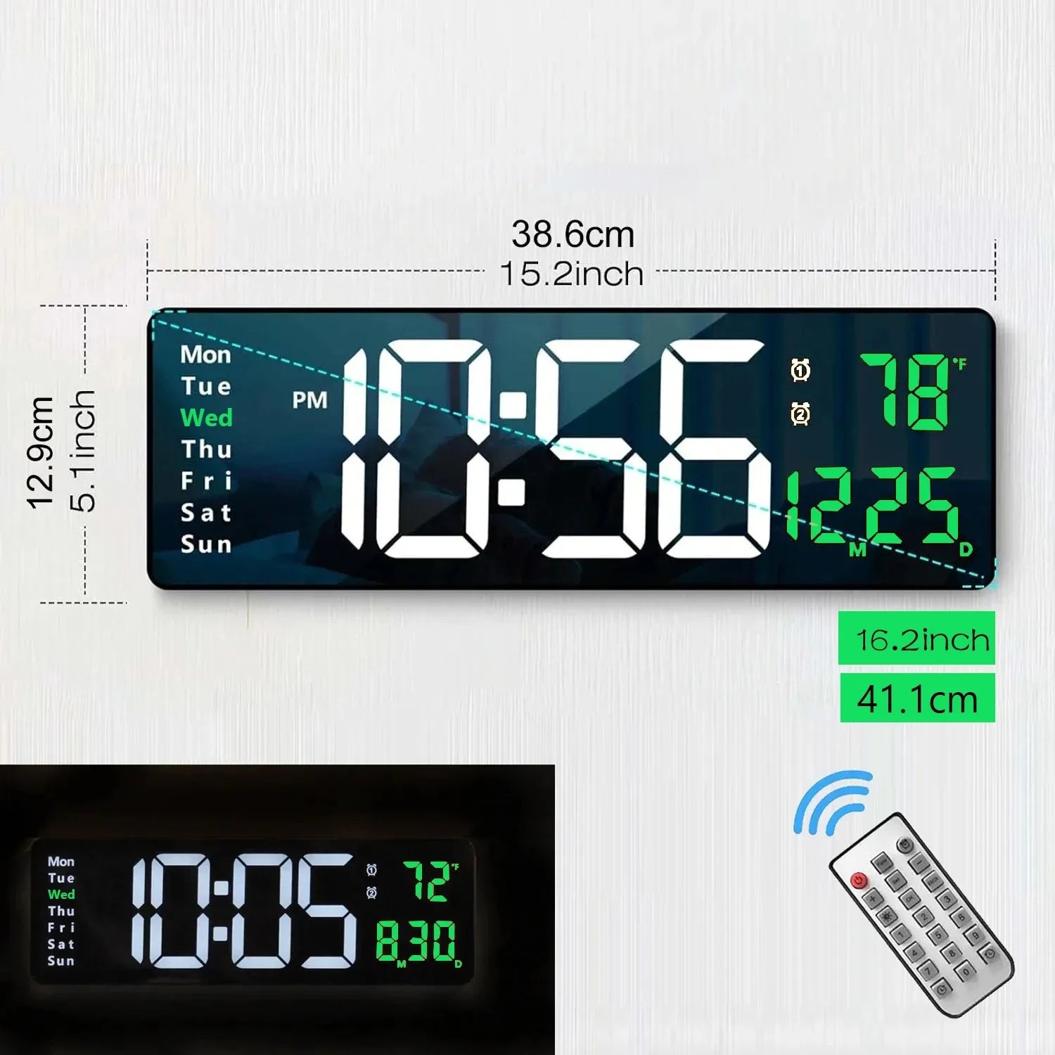 Große digitale Wanduhr mit Fernbedienung, Doppelalarm, großem LED-Display, 8 RGB-Farben