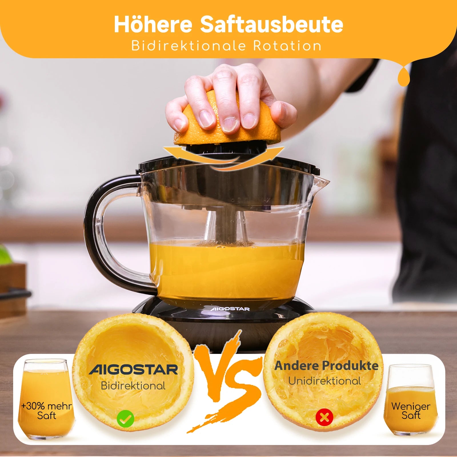 Aigostar elektrische Zitrus presse 40 Watt 700 ml, Zitrus presse mit Tropf auslauf, 2 austauschbare Zapfen. Bpa frei