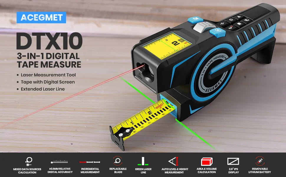 Acegmet dtx10 3-in-1-Messgerät. 2,0" ips-Display & Laser-Positionsmarkierung & 100 m Entfernungsmesser & Stahlband, Werkzeuge für Deko