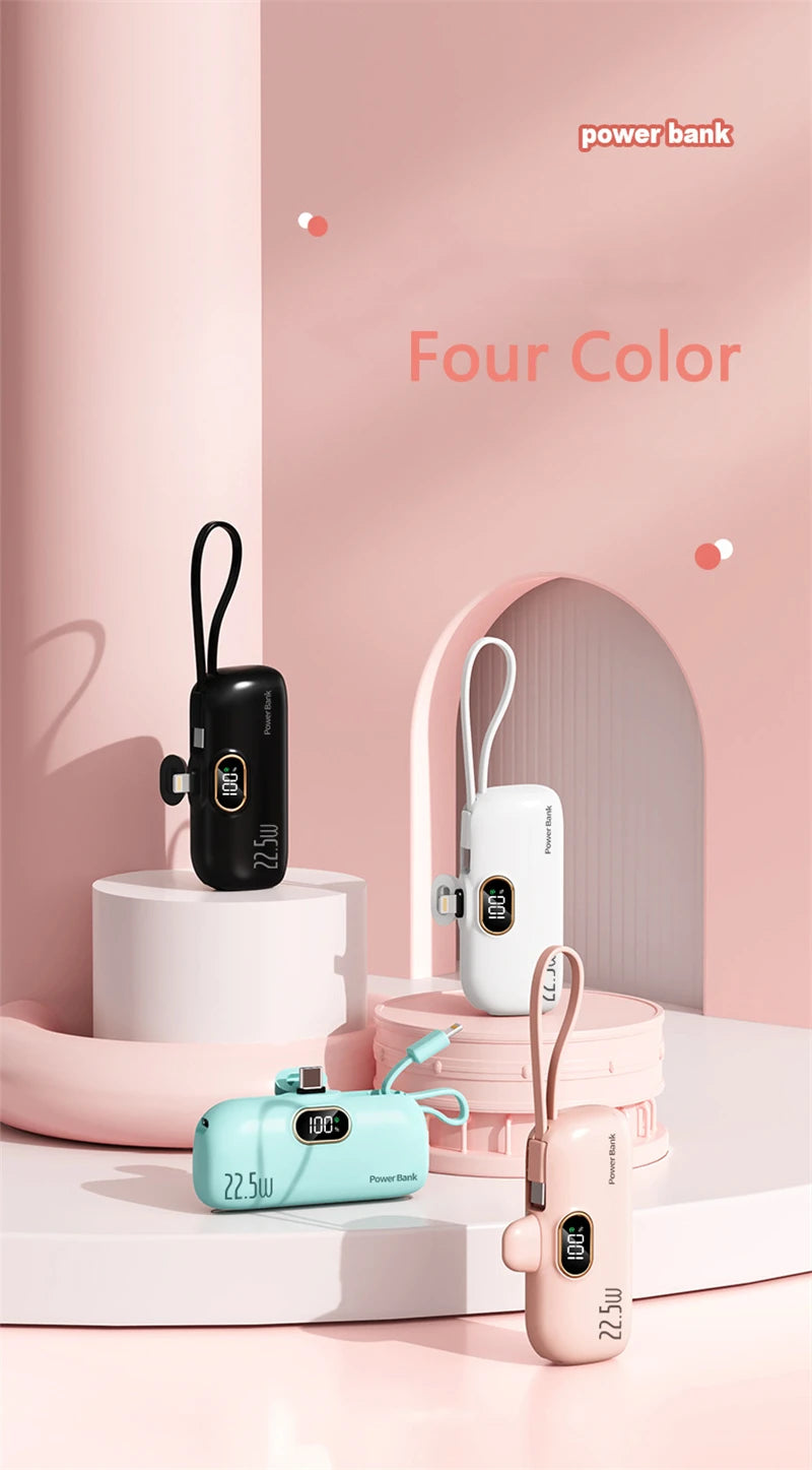Tragbare Mini-Kapsel-Powerbank, integriertes Kabel, Typ-C-Stecker, 22,5 W, schnelles Aufladen für iPhone, Samsung, Xiaomi, externer Ersatzakku