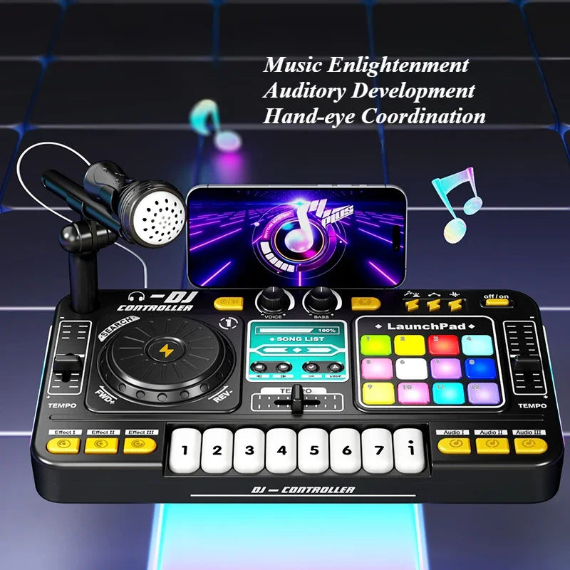 CONUSEA Kinder DJ-Mixer Controller – Bluetooth, Mikrofon, LED-Beleuchtung, Lernspielzeug | CE-Zertifiziert