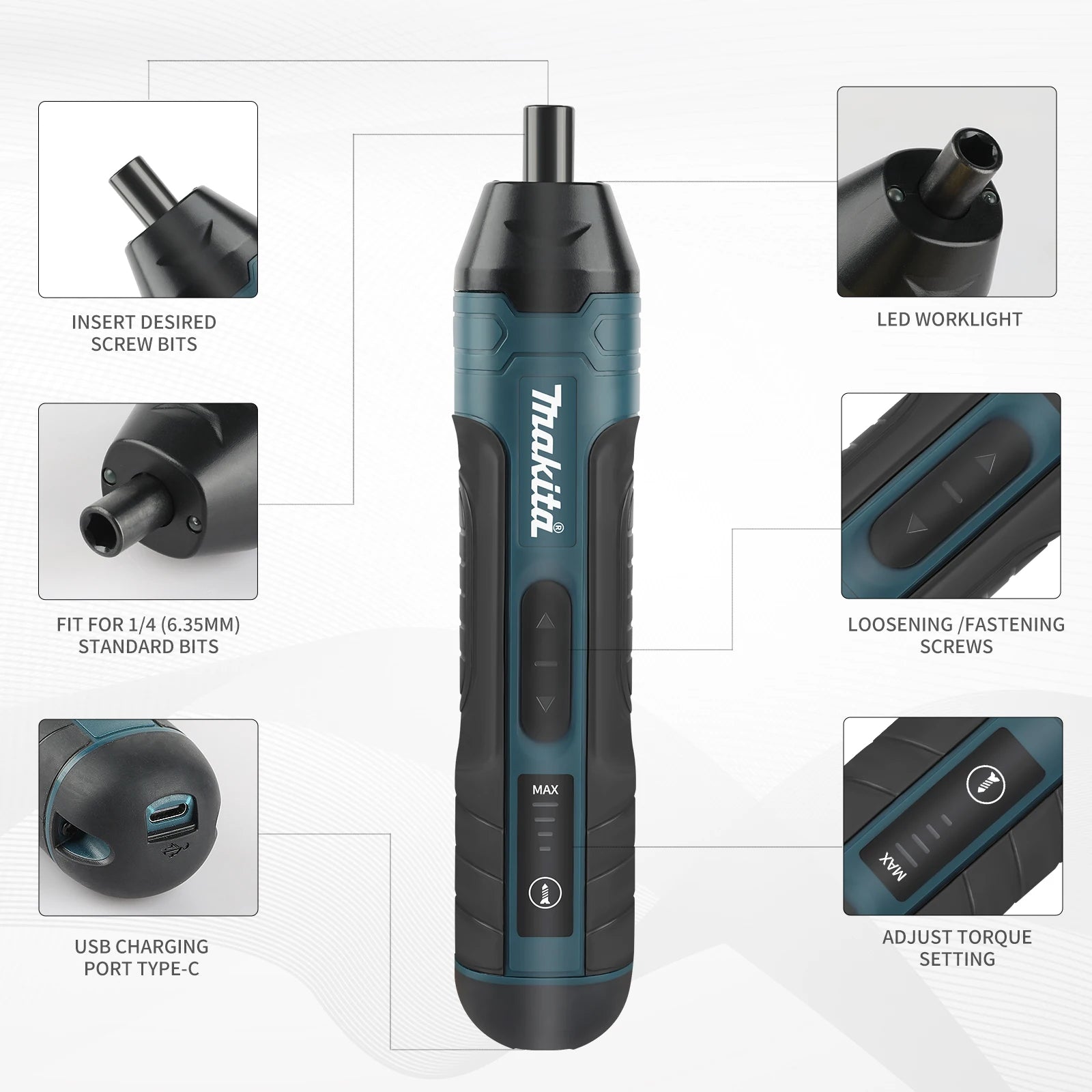 Akku-Elektroschrauber von Makita, 1300 mAh, wiederaufladbar, verstellbarer Bohrer, multifunktionales Demontage- und Wartungswerkzeug, USB