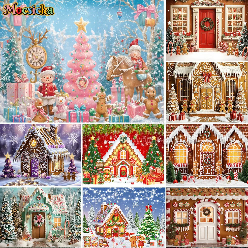 Mocsicka Weihnachten Lebkuchenhaus Fotografie Hintergrund verschneite Weihnachtsbaum Zuckerstangen Hintergrund Winter Urlaub Party Photozone