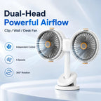 Doppelkopf-Tischventilator mit Clip, USB-Akku 1200 mAh – 5 Stufen, 360° verstellbar