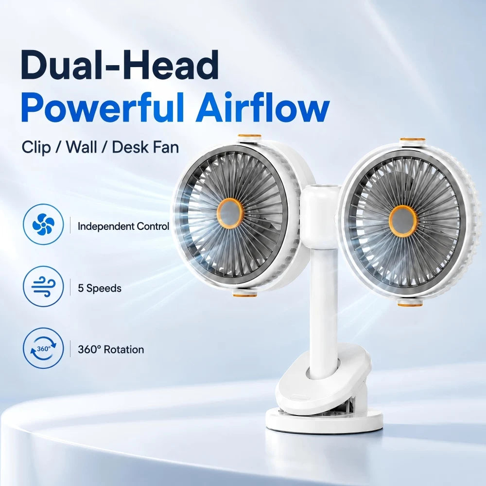 Doppelkopf-Tischventilator mit Clip, USB-Akku 1200 mAh – 5 Stufen, 360° verstellbar