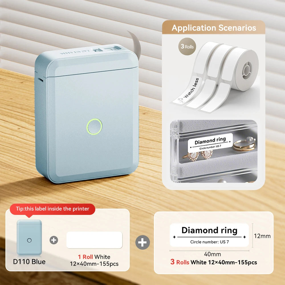 Niimbot D110 Mini Thermo-Etikettendrucker – Bluetooth, Tintenfrei, 203dpi, USB-C | iOS & Android | CE/FCC/RoHS | 3 Farben