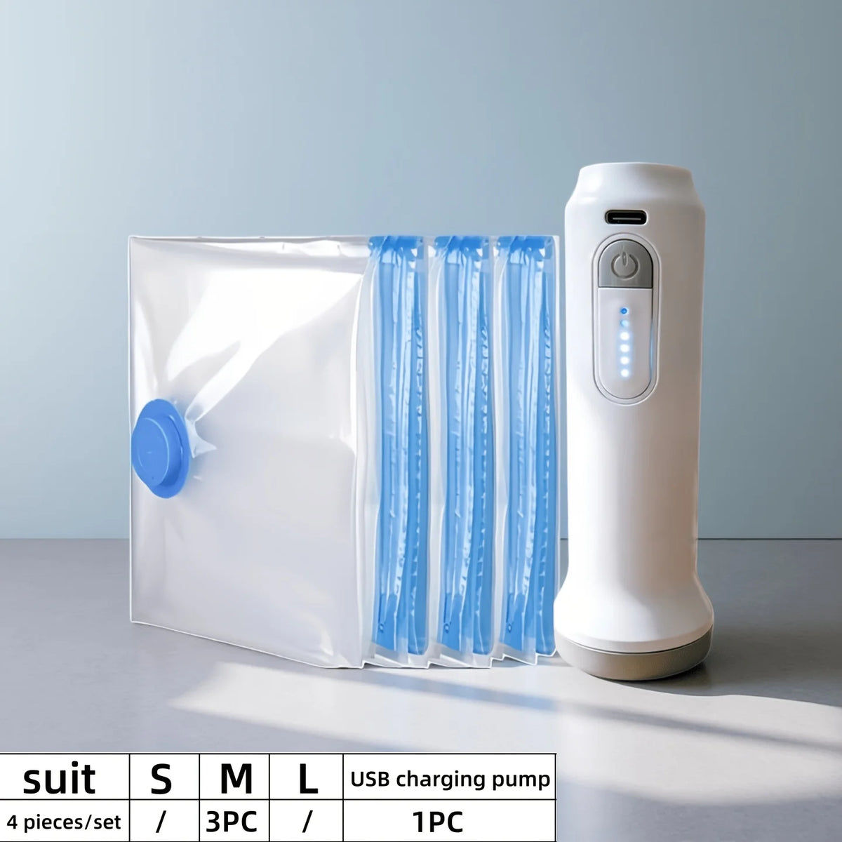 Vakuum-Aufbewahrungsbeutel Set mit USB-Elektropumpe – 1500mAh, Wiederaufladbar | Kleidung & Bettdecken | 4 Set-Varianten