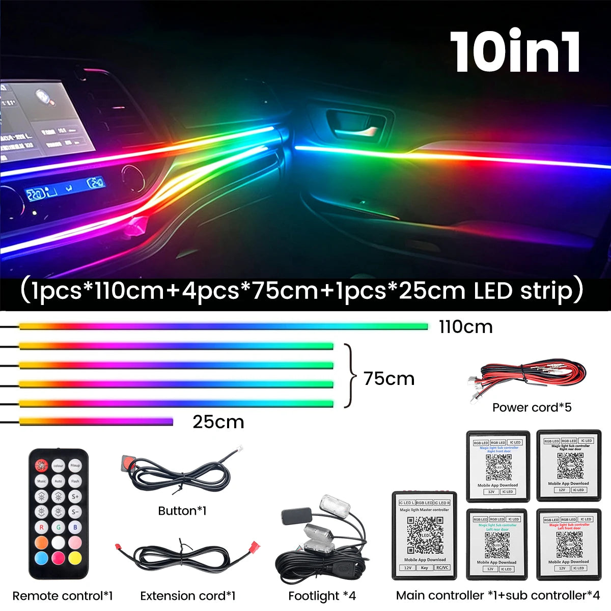 VASTFIRE Starlight Auto-Ambientebeleuchtung – Glasfaser-Fußmatten, RGB-Lichtleiste & Faserlampen | App & Fernbedienung | CE & RoHS