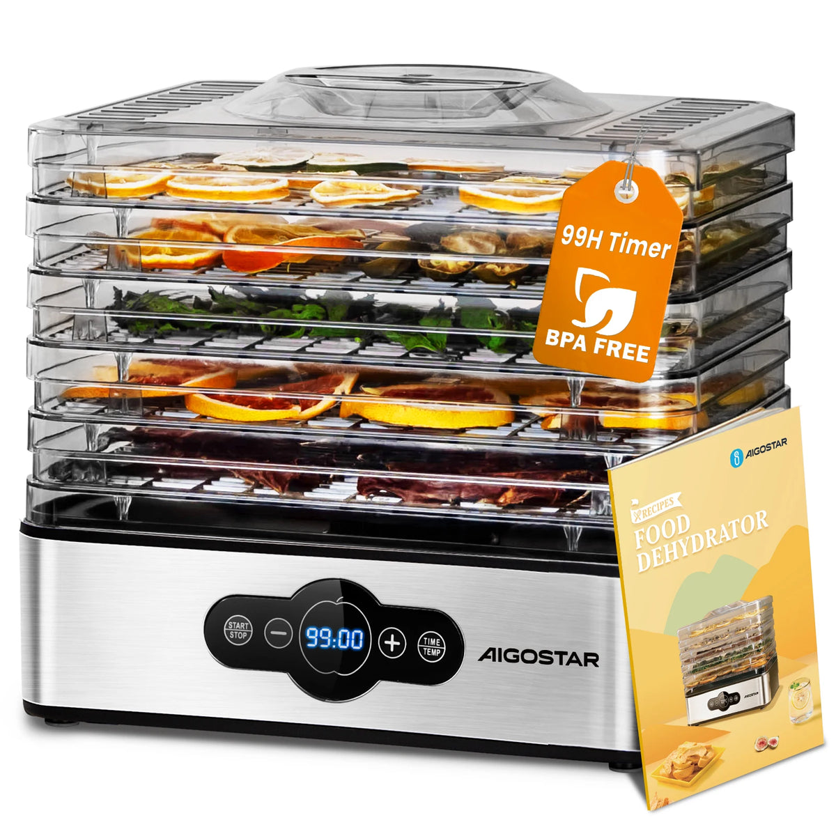 Aigostar Crispy Lebensmitteltrockner – 240W, 5 Tabletts, 35–70°C, 0–99h Timer, LED | CE | Obst, Fleisch & Gemüse
