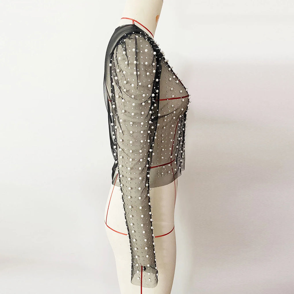 Frauen Sexy Mesh Perlen Tops Damen Mode Pailletten Blase Ärmeln Top T-Shirt Sommer Casual Pullover Tops für Weibliche 2025, Neue